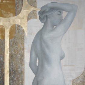 Acrylbild einer weiblichen Figur vor goldenen und weissen Strukturen, inspiriert durch die Sage der Niobe